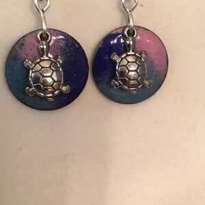 Silver Turtle Earrings with Blue and Pink Enameled Metal Disks